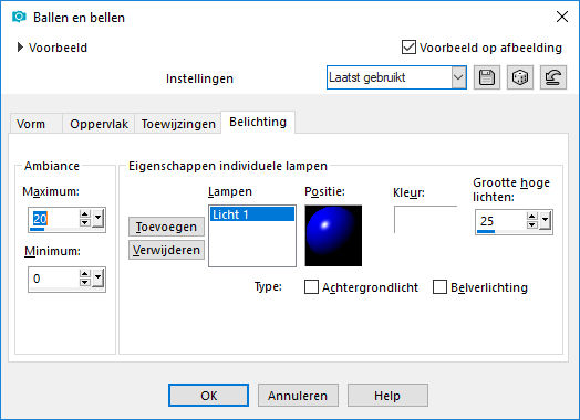 les 18 ballen en bellen tabblad belichting